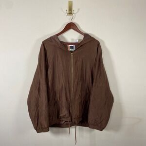 Vintage EVR Men's Chocolate Brown Silk Bomber Zip Up Jacket Hooded XL Streetwear